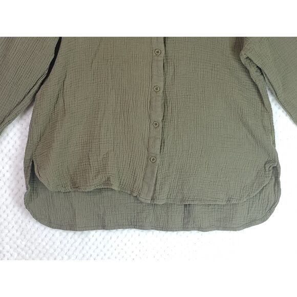 Bibi Crinkle Gauze Button Up High Low Shirt Olive Green Women's Small - Picture 3 of 13